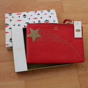 NWTIB Fossil Leather Red and Gold Wristlet/Wallet